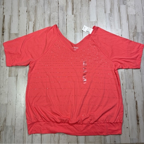 Lane Bryant Relaxed Fit Coral Pink Short Sleeve Beaded Shirt Size 22/24 - Picture 1 of 15